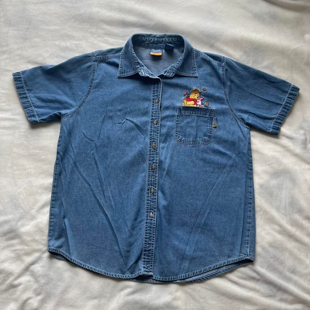 Vintage Disney Winnie the Pooh & Piglet Womens Denim Button Up Embroidered Shirt